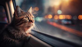 Funny cat rides in a car and looks out of the window at the street. photo