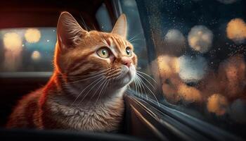 Funny cat rides in a car and looks out of the window at the street. photo