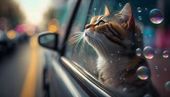 Funny cat rides in a car and looks out of the window at the street. photo
