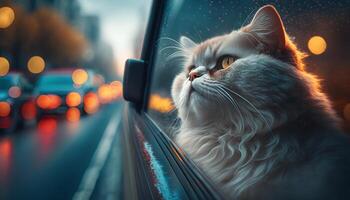 Funny cat rides in a car and looks out of the window at the street. photo