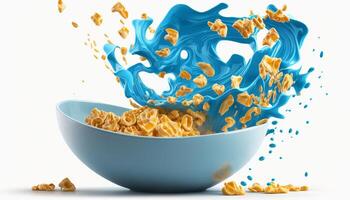 cornflakes in blue bowl. Breakfast cereal with splashing milk isolated on white background. photo