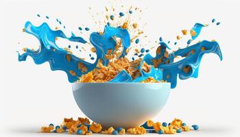 cornflakes in blue bowl. Breakfast cereal with splashing milk isolated on white background. photo