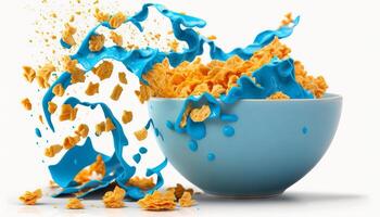 cornflakes in blue bowl. Breakfast cereal with splashing milk isolated on white background. photo