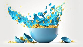 cornflakes in blue bowl. Breakfast cereal with splashing milk isolated on white background. photo