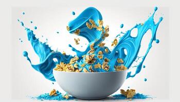 cornflakes in blue bowl. Breakfast cereal with splashing milk isolated on white background. photo