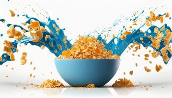 cornflakes in blue bowl. Breakfast cereal with splashing milk isolated on white background. photo