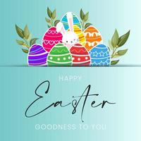 Easter poster and banner template with Easter eggs and bunny on light green background. vector