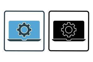 Engineering icon illustration. Laptop with gear. icon related to industry. Solid icon style. Simple vector design editable