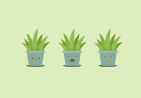 set of cute aloe vera plant in cement clay pot vector emoji illustration features smile, happy and sleeping expression face