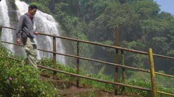 a homem caminhando em a cascata destino em Semarang central Java. a foto é adequado para usar para aventura conteúdo meios de comunicação, natureza poster e floresta fundo. video