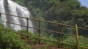 The man walking on the waterfall destination on Semarang Central Java. The photo is suitable to use for adventure content media, nature poster and forest background. video