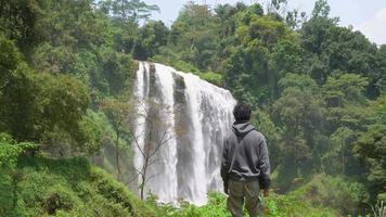 The man walking on the waterfall destination on Semarang Central Java. The photo is suitable to use for adventure content media, nature poster and forest background. video