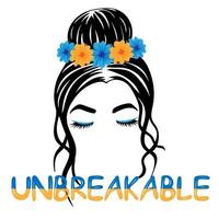 Unbreakable. Silhouette of a girl face with messy bun and wreath of yellow and blue flowers vector