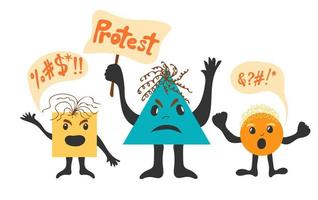 Protesters. Set of Various basic Geometric Figures with face emotions, hands and legs vector