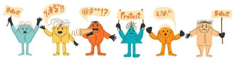 Protesting persons with megaphone, placards and banners vector