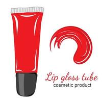 Red lip gloss tube isolated on white. Makeup cosmetic product vector