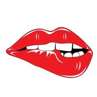 Sexy female biting lips with red lipstick. Vector illustration