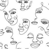 Abstract one line seamless pattern. Continuous one line art background with female faces vector