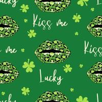 Seamless pattern of woman's lips with leopard print and lucky charm clover in green colors vector