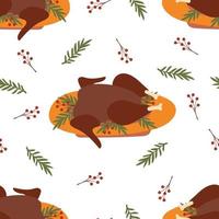 Seamless pattern with baked turkey, berries and leaves. Happy thanksgiving day vector