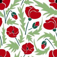 Seamless pattern with colorful retro groovy poppies with leaves vector