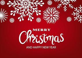 Merry Christmas and Happy New Year text on red background with paper snowflakes vector