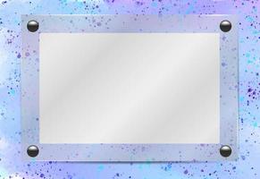 Blank poster in 3d realistic glass frame hanging on the wall on abstract purple watercolor background. vector