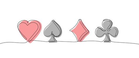 Continuous one line drawing of poker card suits vector