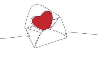 Continuous one line drawing of open envelope with heart vector