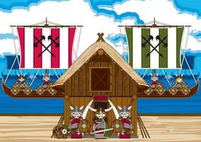 dibujos animados vikingo guerreros en el playa con lanchas nórdico historia ilustración vector