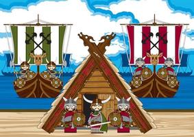 dibujos animados vikingo guerreros en el playa con lanchas nórdico historia ilustración vector