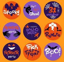 Set of circle Halloween stickers with ghosts, bats and spider webs vector