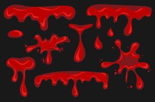 Blood splashes and border. Set of fluid blood drops and blobs vector