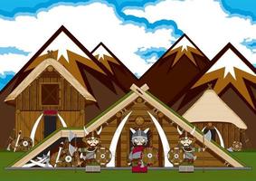 Cute Cartoon Viking Warriors and Homestead Norse History Illustration vector