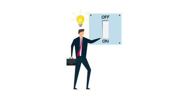 4k animation of Business idea and solution to solve company problem, smart businessman turn on lightbulb switch to lit up idea video