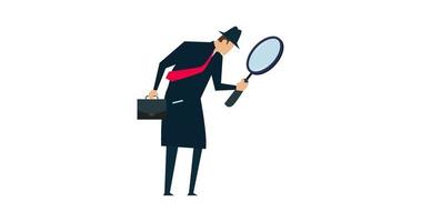 4k animation of Search, discover, analyze report , curiosity guy detective holding huge magnifying glass and thinking about evidence and result. video