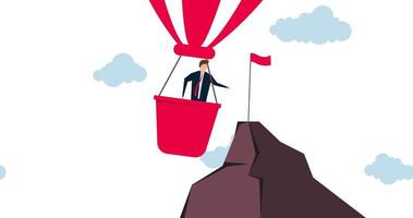 4k animação do a maioria eficiência caminho para alcance o negócio meta, inteligente homem de negocios vôo balão alcançando montanha pico para agarrar sucesso bandeira. video