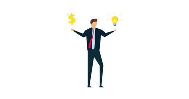 4k animation de affaires idée à faire argent, intelligent homme d'affaire avec ampoule idée dans le sien main et argent dollar signe sur autre main video