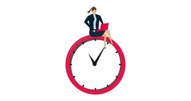 4k motion design of Flexible working hours, young man working with laptop on clock face. video