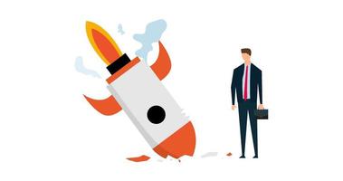 4k motion design of Fail start up business, depressed businessman company owner standing beside crash launching space rocket metaphor of new business failure. video