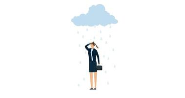 4k movimento Projeto do carga de trabalho e estresse causando depressão dentro escritório trabalhador, tristeza depressivo jovem senhora dentro escritório uniforme com nuvem e chuva metáfora do mente dificuldade. video
