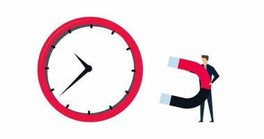 4k animation of Time management, smart businessman using magnet to stop clock hand metaphor of time manipulation. video