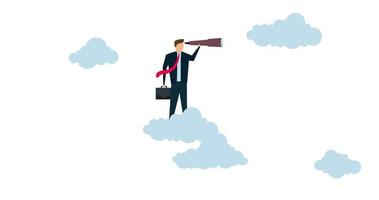 4k animation of Business opportunity, smart businessman riding high cloud holding telescope or binocular to search for business visionary. video