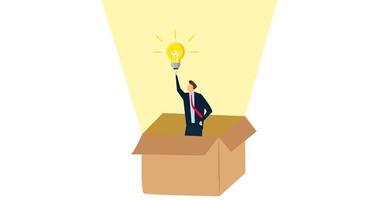 4k animation of Think outside the box, smart businessman get out of paper box with new illumination lightbulb idea. video