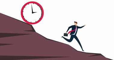 4k animation of work deadline, tried businessman running away from falling rolling huge clock down hill. video