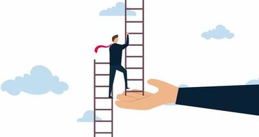 4k animation of Helping hand, businessman climbing up to top of broken ladder with huge helping hand to connect to reach higher. video