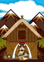 Cute Cartoon Viking Warrior and Homestead Norse History Illustration vector