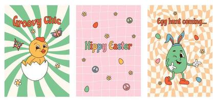 Set posters or cards for Happy Easter. Groovy egg characters in retro cartoon style of 60s 70s on different backgrounds. Chicken, green egg with rabbit ears. Flat vector illustration.