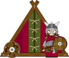 Cute Cartoon Viking Warrior and Tent Norse History Illustration vector