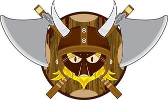 Cute Cartoon Viking Warrior with Shield and Axes Norse History Illustration vector